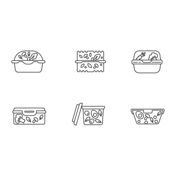 塑料沙拉容器像素完美线形图标设置 可定制的细线符号 可重复使用的食品包装 包装的晚餐 带去吃饭的地方矢量孤立的轮廓图 可编辑的笔划 — 图库矢量图片