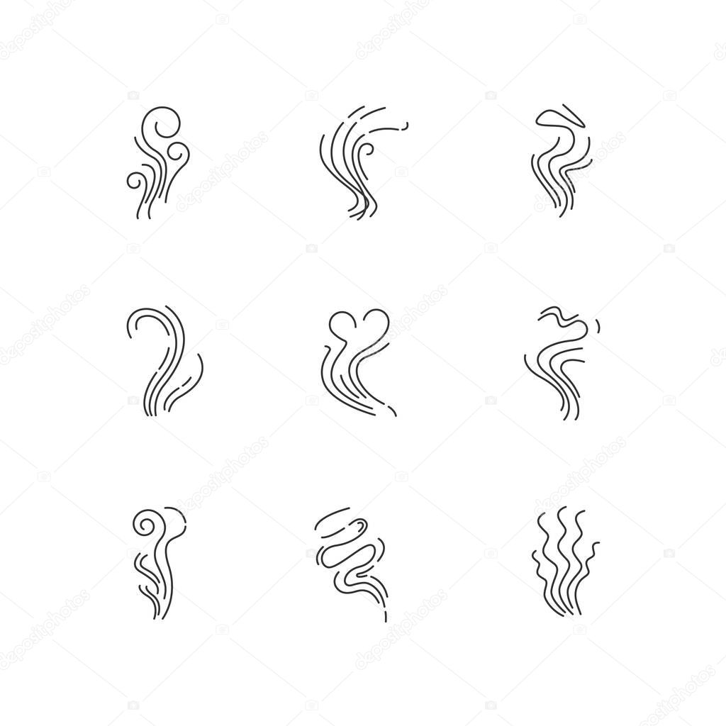 Odor pixel perfect linear icons set. Good and bad smell. Heart shape nice odour, fluid, perfume scent. Customizable thin line contour symbols. Isolated vector outline illustrations. Editable stroke