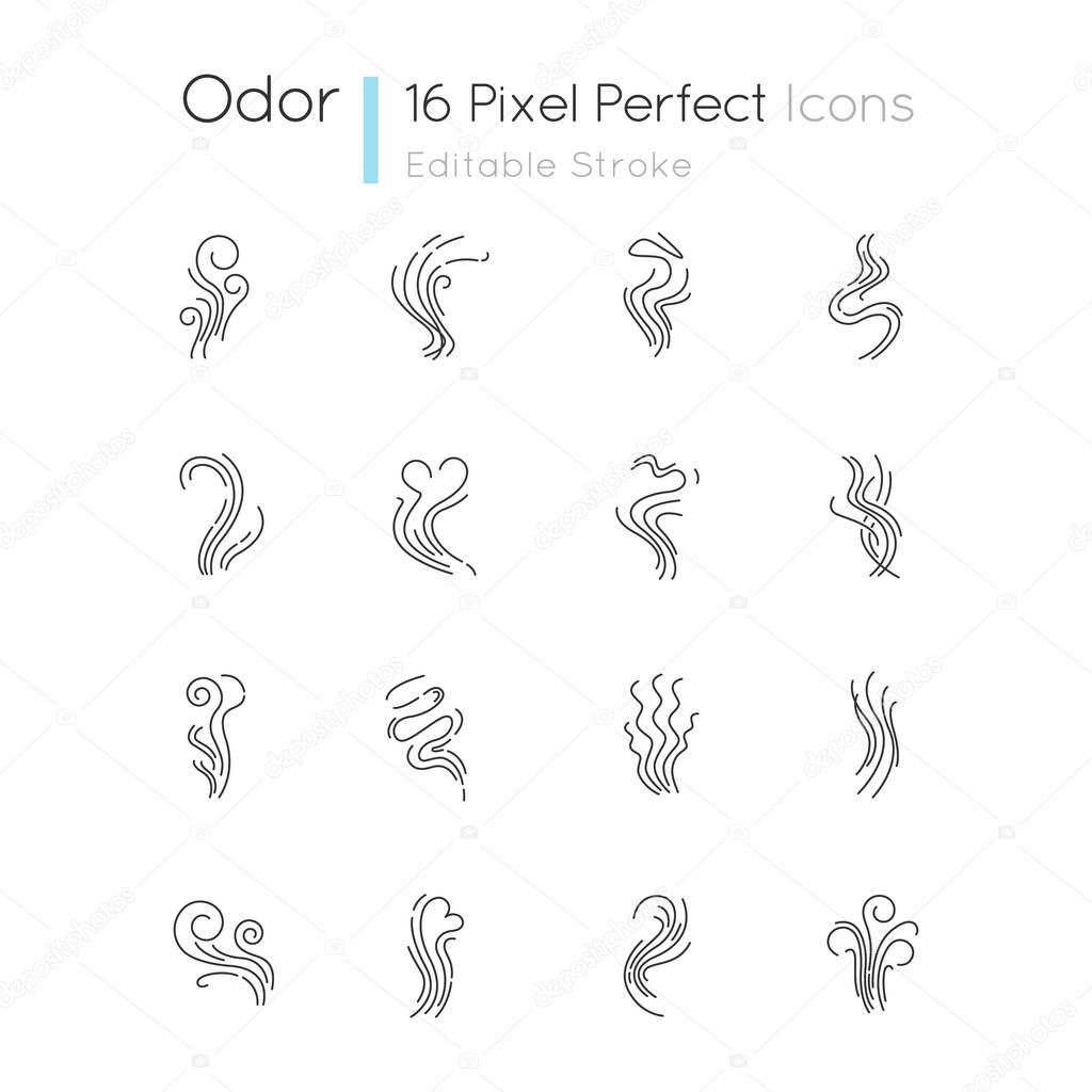 Odor pixel perfect linear icons set. Good and bad smell. Heart shape odour, fluid, perfume scent. Customizable thin line contour symbols. Isolated vector outline illustrations. Editable stroke