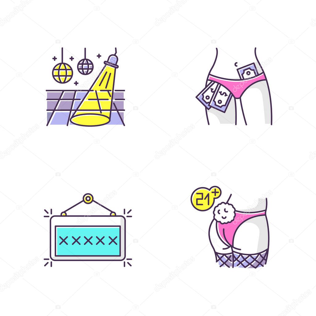 Adult club RGB color icons set. Mature recreation. Entertainment venue, night club with age restriction symbols. Dance floor, signboard and striptease dancers isolated vector illustrations