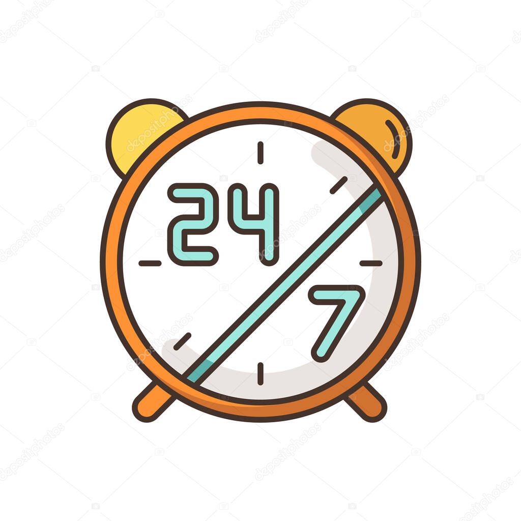 24 7 hours service RGB color icon. Alarm clock for highly available center. Everyday open sign. Watch dial with numbers. 24 hours online support. Retail signage. Isolated vector illustration