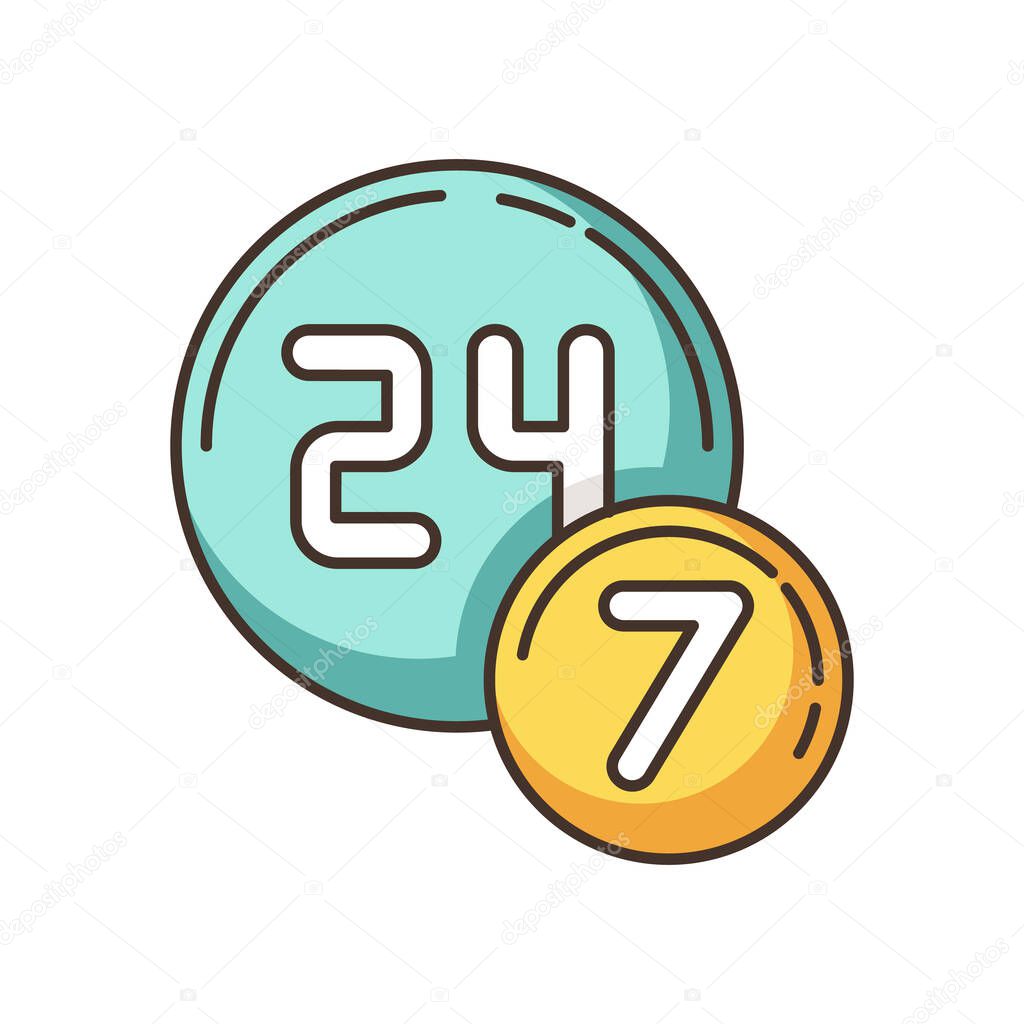 24 7 circle badge RGB color icon. Twenty four seven hours round sign. Always available service. All week open store. Commerce and retail industry badge. Isolated vector illustration
