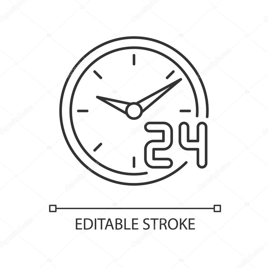 Around the clock service pixel perfect linear icon. 24 7 hour support. Circle watch dial badge. Thin line customizable illustration. Contour symbol. Vector isolated outline drawing. Editable stroke