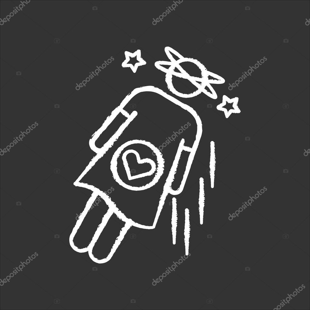 Fainting chalk white icon on black background. Symptom of early pregnancy. Pregnant woman falling unconscious. Lady feeling dizzy. Hormonal imbalance. Isolated vector chalkboard illustration
