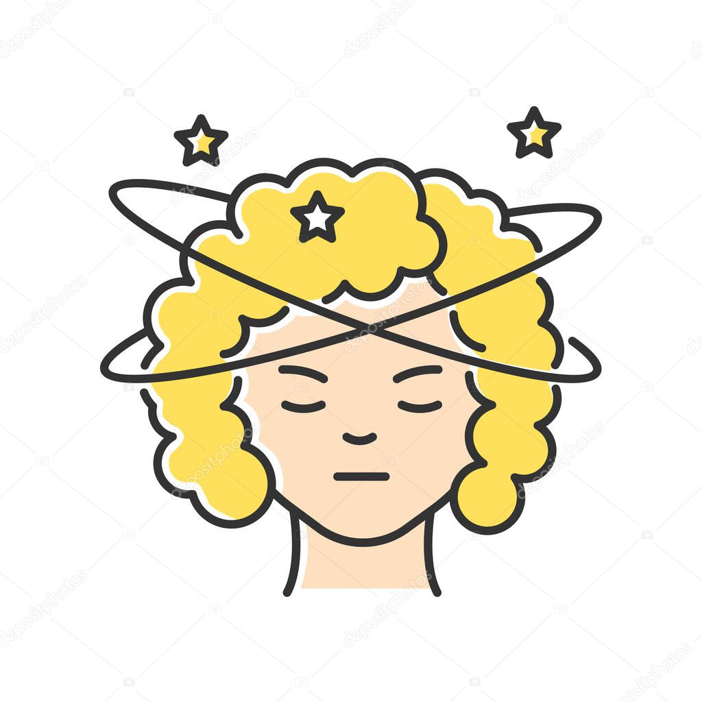 Dizziness RGB color icon. Person feeling sick. Stroke in head from heat. Spinning around. Early sign of pregnancy. Tired woman. Overworked lady. Vertigo experience. Isolated vector illustration