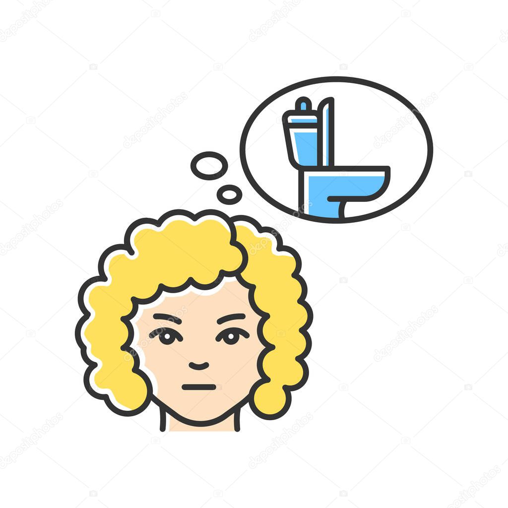 Frequent urination RGB color icon. Urgent need to pee. Early symptom of pregnancy. Sign of diabetes. Woman thinking of toilet. Public restroom use for cystitis. Isolated vector illustration