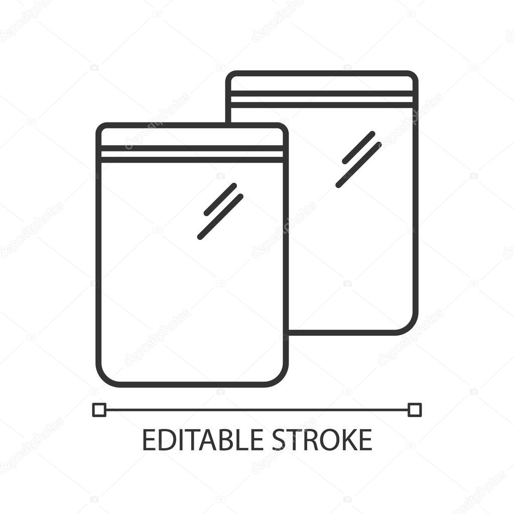 Zip bag pixel perfect linear icon. Customizable thin line contour symbols. Empty plastic package. Food ziplock packet, pvc sachet. Snack pouch. Vector isolated outline drawing. Editable strokes
