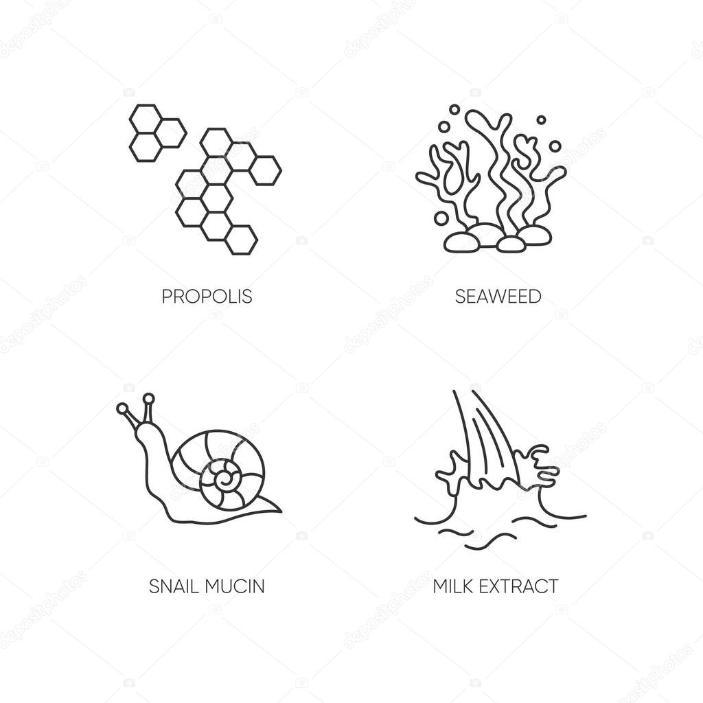 Cosmetic ingredient pixel perfect linear icons set. Honey comb. Seaweed underwater. Snail mucin. Customizable thin line contour symbols. Isolated vector outline illustrations. Editable stroke
