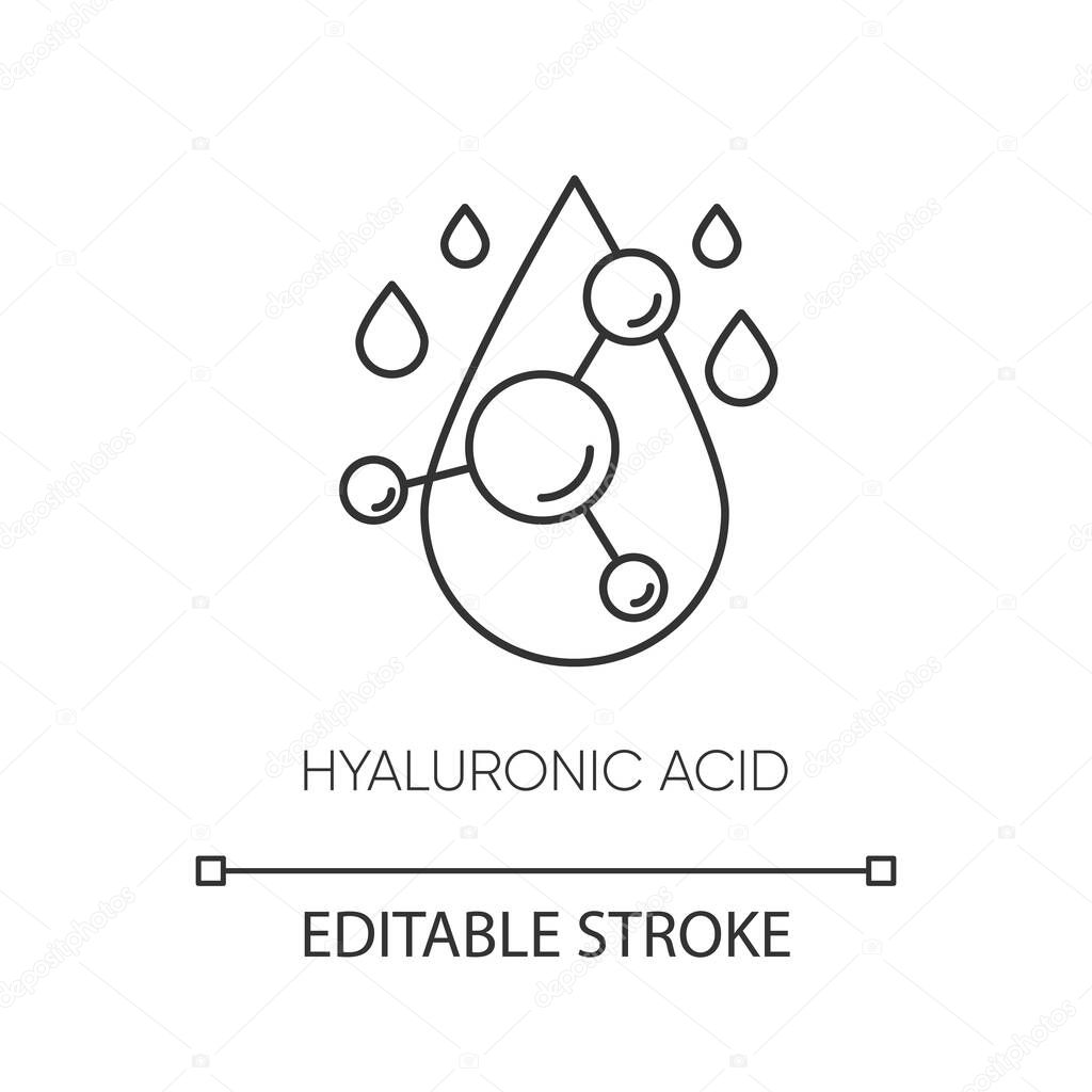 Hyaluronic acid pixel perfect linear icon. Hydrating formula. Collagen to prevent wrinkles. Thin line customizable illustration. Contour symbol. Vector isolated outline drawing. Editable stroke
