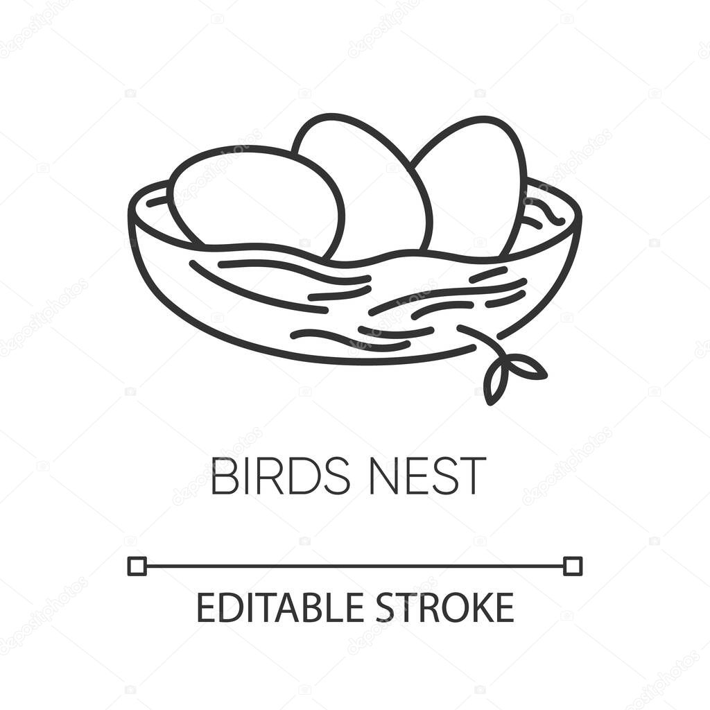 Birds nest pixel perfect linear icon. Chick breeding. Skincare product component. Eggs for Easter. Thin line customizable illustration. Contour symbol. Vector isolated outline drawing. Editable stroke