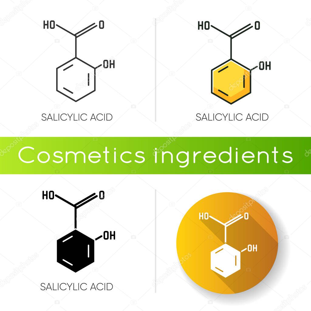 Salicylic acid icon. Chemical sequence. Molecular formula. Skincare component. Scientific research. Healthcare, cosmetology. Linear black and RGB color styles. Isolated vector illustrations