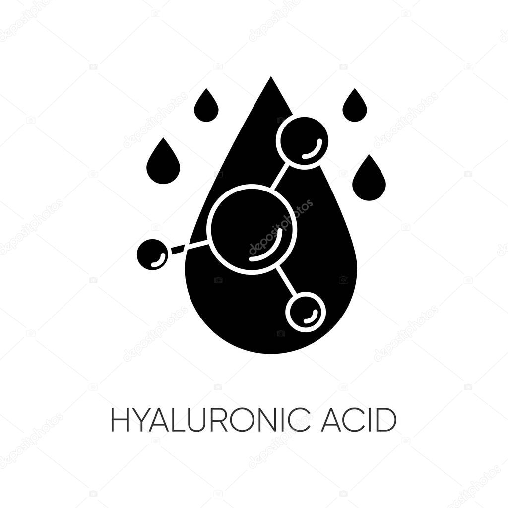 Hyaluronic acid black glyph icon. Hydrating formula. Collagen to prevent wrinkles. Water drop. Korean beauty. Cosmetic ingredient. Silhouette symbol on white space. Vector isolated illustration