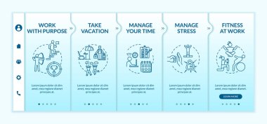 Yıkım şablonundan kaçının. Zamanınızı ayarlayın. Stres yönetimi. Akıl sağlığı hizmetleri. Simgeli ilgili mobil web sitesi. Web sayfası basamak ekranları. RGB renk kavramı