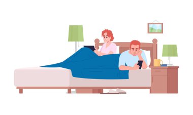 Evli çift, yarı düz RGB renk vektör çizimi kullanarak yatakta. Aşırı kullanım, bağımlılık, iletişim eksikliği. Yatak odasında akıllı telefonları olan insanlar beyaz çizgi film karakterlerini izole ettiler.