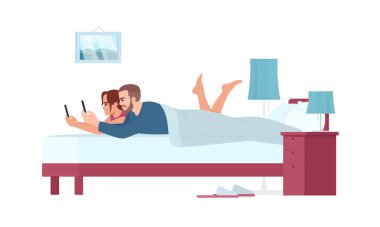 Yataktaki çift akıllı telefonlardan yan görünüme sahip yarı düz RGB renk vektörü çizimi yapıyor. Cep telefonları ile sabah. Battaniyenin altında beyaz üzerine izole edilmiş çizgi film karakteri yatan aletlere bağımlı genç bir aile.