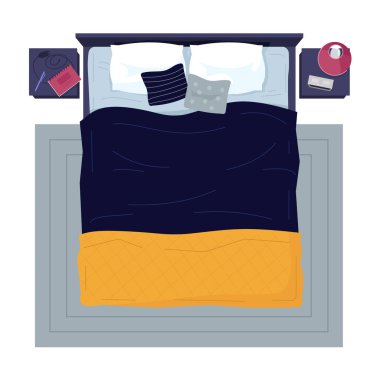 Yarı düz RGB renk çizimi olmayan modern yatak. Yatak odası eşyaları, aksesuarları ve moda çarşafları olan uyuma yeri beyaz arka planda izole edilmiş çizgi film nesnesi.