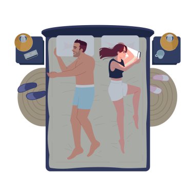 Yarı düz RGB renk vektör illüstrasyonunda evli çift gece yatakta. Erkek arkadaş ve kız arkadaş yatak odasında. Karı koca sohbet ediyor, akıllı telefon kullanıyor, beyaz çizgi film karakteri.