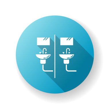 Toplum banyosu mavi düz tasarım uzun gölge sembolü. Banyo düzenlemesi. Umumi tuvaletler. Ortak banyo. Yurt koşulları. Yaşayan konaklamalar. Siluet RGB renk çizimi