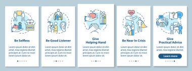 Arkadaşlık ilişkisi mobil uygulama sayfası ekranında kavramlarla birlikte. Arkadaşların desteği ve tavsiyeleri 5 aşamalı grafik talimatlar içeriyor. RGB renk resimleriyle UI vektör şablonu