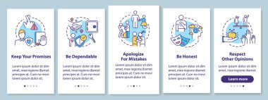 Mobil uygulama sayfasında konseptlerle iyi arkadaş ilişkisi. Dürüst ve güvenilir ol. 5 adımlık grafik talimatları gözden geçir. RGB renk resimleriyle UI vektör şablonu
