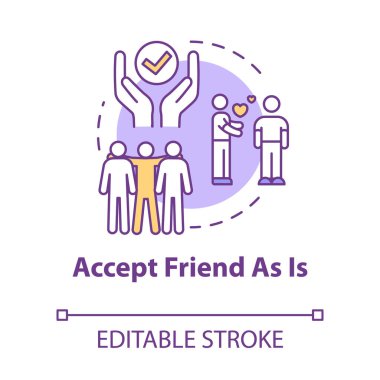 Dostu konsept simgesi olarak kabul et. Arkadaşlık çeşitliliğini anlayın ve saygı gösterin. Sosyal ilişkiler ve kişisel beceri fikri ince çizgi çizimi. Vektör izole edilmiş RGB renk çizimi. Düzenlenebilir vuruş