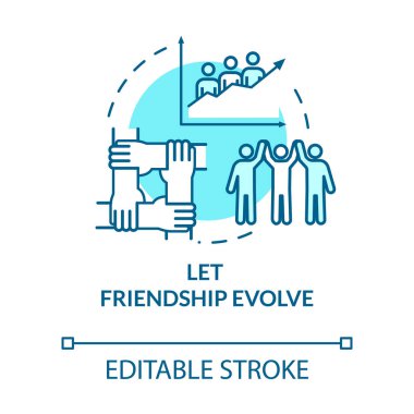 Dostluk kavram ikonunu geliştirsin. Sosyal etkileşimler, iletişim ve kişisel beceriler. İlişki fikri ince çizgi çizimi. Vektör izole edilmiş Rgb çizimi. Düzenlenebilir vuruş