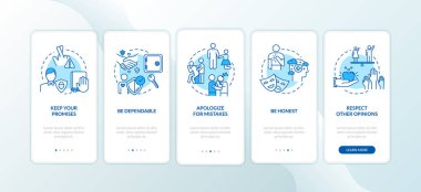 Mobil uygulama sayfasında konseptlerle iyi arkadaş ilişkisi. Sadakat ve affedilme 5 adımlık grafik talimatlar. Rgb renk resimleriyle Ui vektör şablonu