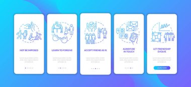 İnsanlar, mobil uygulama sayfası ekranında kavramlı ilişki tavsiyeleri veriyorlar. Arkadaşları kabul et ve anla. 5 adımlık grafiksel talimatlar. Rgb renk resimleriyle Ui vektör şablonu