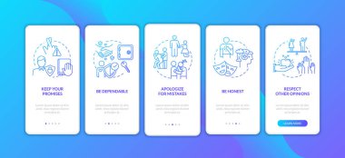 Mobil uygulama sayfasında konseptlerle birlikte güvenilir bir arkadaş olmak. Kişisel nitelikler ve değerler 5 aşamalı grafik talimatlar. Rgb renk resimleriyle Ui vektör şablonu