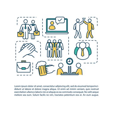 İş arkadaşlığı kavramının simgesi. Çalışanların takımı bir arada. Şirket çalışanı arkadaşlar sayfa vektör şablonu. Broşür, dergi, kitapçık tasarım ögesi doğrusal çizimler