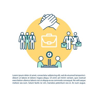 İş arkadaşları konsepti metin ile simge. Şirket ekibi çalışıyor. Şirket çalışanlarının dostluğu sayfa vektör şablonu. Broşür, dergi, kitapçık tasarım ögesi doğrusal çizimler