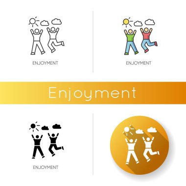 Keyif ikonu. Lineer siyah ve RGB renk stilleri. Arkadaşlık, birliktelik, mutluluk. Aktif eğlence, açık hava eğlencesi. Arkadaşlık aktiviteleri. izole vektör çizimleri