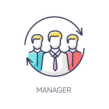 Yönetici RGB renk simgesi. İş organizasyonu, şirket yönetimi. Profesyonel meslek, insan kaynakları yönetimi. Takım lideri, şirketin yönetim kurulu başkanı vektör illüstrasyonunu izole etti