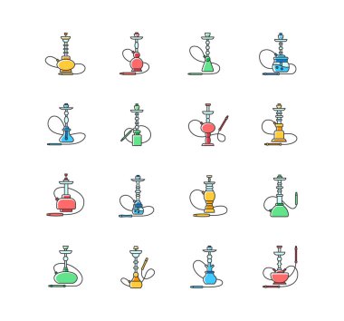 Nargile RGB renk simgeleri ayarlandı. Sheesha barı. Kanca aksesuarları. Duman alanı. Buhar, buhar. Tütün seçeneği. Arapça salonu mu? Doğulu shisha için aksesuarlar. İzole vektör çizimleri
