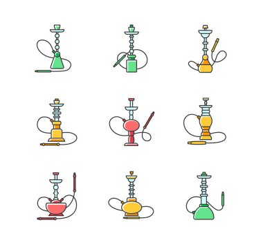 Nargile RGB renk simgeleri ayarlandı. Özel nesne. Sheesha 'nın evi. Nargile salonu. Koku borudan geliyor. Buharlaşmanın kokusu. Sigara içme alanı. Shisha için aksesuarlar. Doğulu fahişe. İzole vektör çizimleri