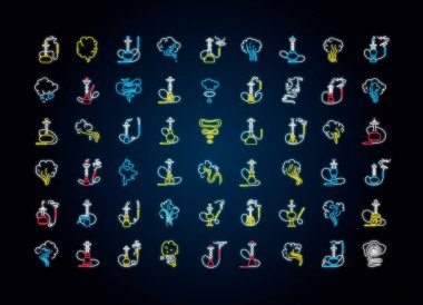 Hookah neon light icons set. Sheesha house. Nargile lounge. Odor from pipe. Scent of vaporizing. Smoking area. Fragrance emblem. Signs with outer glowing effect. Vector isolated RGB color illustration clipart