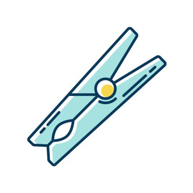 Giysiler mavi ve sarı RGB renk simgesi. Ahşap mandal, ev kıyafetleri kıskacı, temiz giysi kurutma aleti. Ev yıkama, çamaşır malzemesi. İzole vektör illüstrasyonu