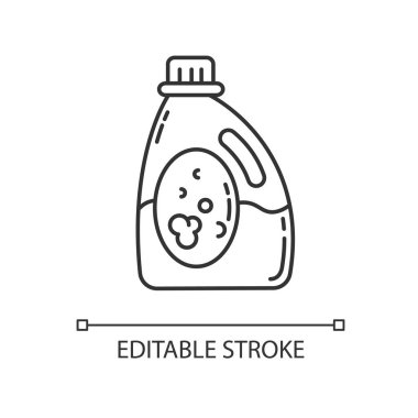 Çamaşır deterjanı pikseli mükemmel doğrusal simge. Sıvı beyazlatıcı, çamaşır suyu şişesi, temizleyici. İnce çizgi özelleştirilebilir illüstrasyon. Contour sembolü. Vektör izole çizim. Düzenlenebilir vuruş