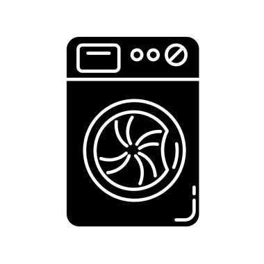 Çamaşır makinesi siyah simge simgesi. Çamaşır makinesi, ev aletleri, elektrikli alet. Ev aletleri, çamaşırhane. Beyaz uzayda siluet sembolü. Vektör izole illüstrasyonu