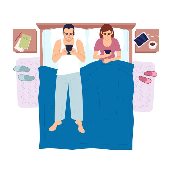 Pareja Casada Cama Con Teléfonos Inteligentes Vista Superior Semi Plana — Archivo Imágenes Vectoriales