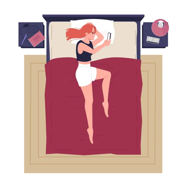 Mujer Joven Acostada Cama Sola Con Teléfono Móvil Semi Plana — Vector de stock