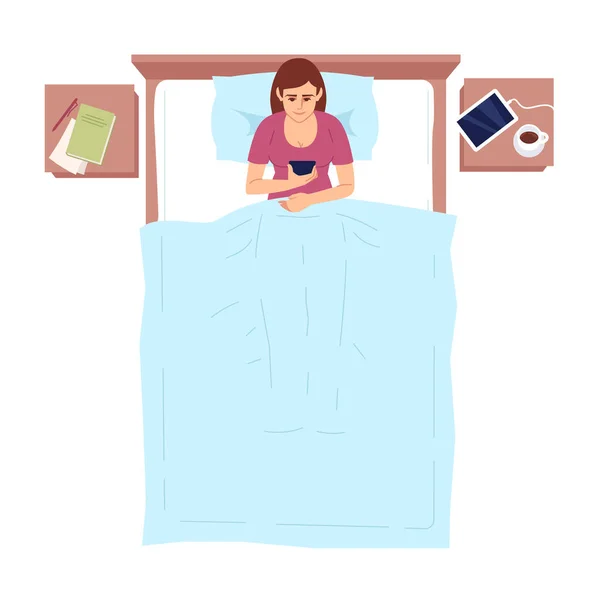 Fille Aide Smartphone Avant Dormir Illustration Vectorielle Couleur Semi Plat — Image vectorielle