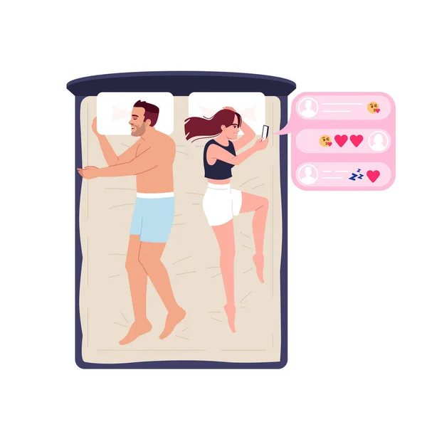 寝室で妻と夫は半フラットRgbカラーベクトルイラストを休んでいます 家族の問題だ 男寝ていると女性とチャット恋人 テキストメッセージ隔離された漫画のキャラクター上の白 — ストックベクタ