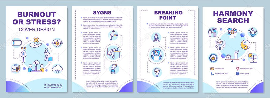 Burnout, stress brochure template. Signs. Breaking point. Harmony search. Flyer, booklet, leaflet print, cover design with linear icon. Vector layout for magazines, annual reports, advertising posters