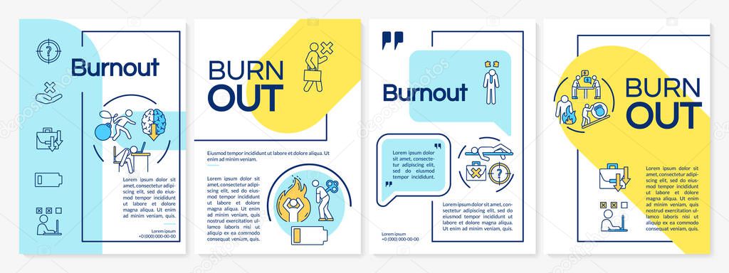 Burnout brochure template. Emotional exhaustion. Stress. Flyer, booklet, leaflet print, cover design with linear icons. Vector layouts for magazines, annual reports, advertising posters