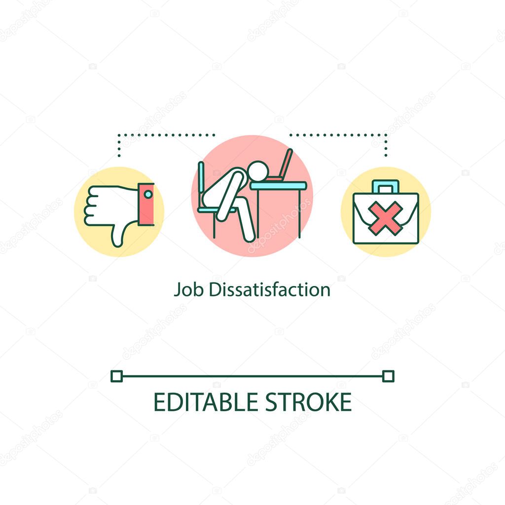 Job dissatisfaction concept icon. Burnout idea thin line illustration. Feeling unmotivated. Poor working conditions. Lack of recognition. Vector isolated outline RGB color drawing. Editable stroke