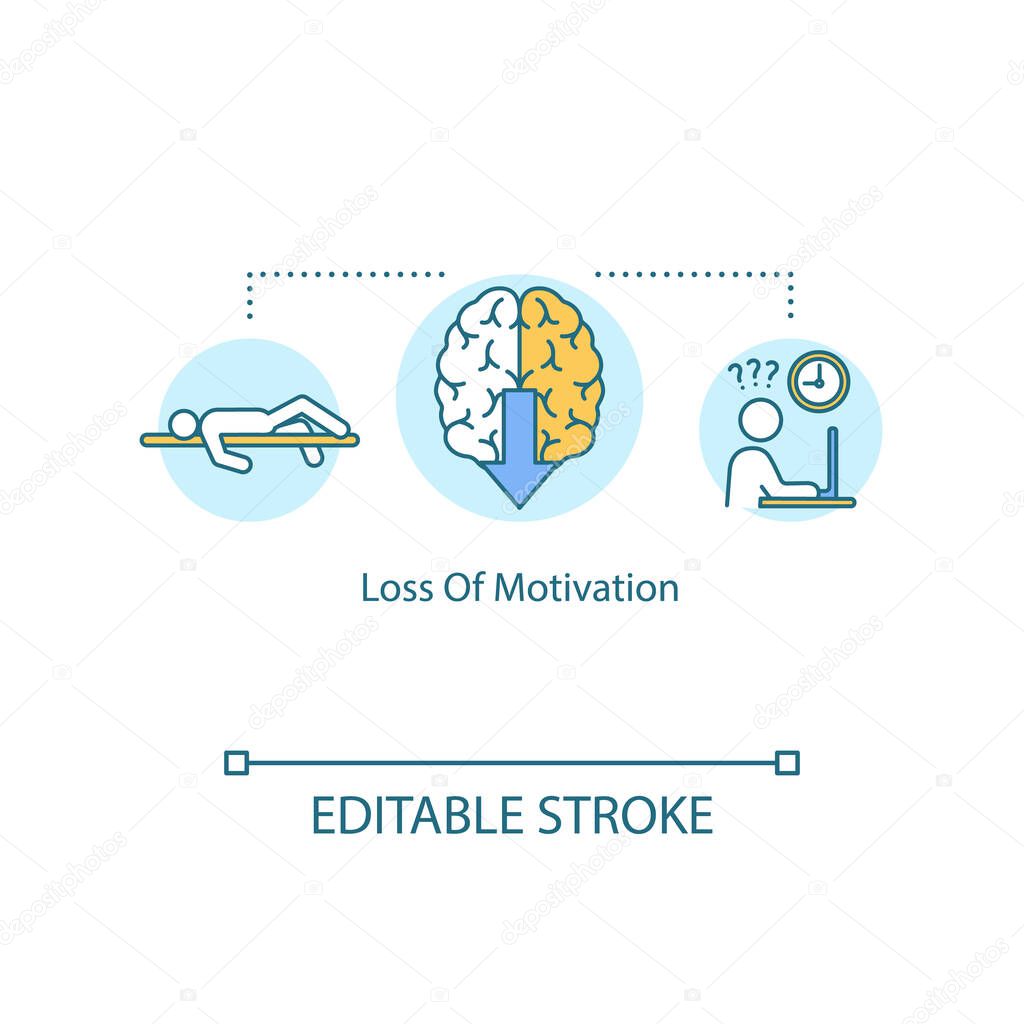 Loss of motivation concept icon. Feeling unmotivated idea thin line illustration. Burnout, depression. Low productivity. Dissatisfaction. Vector isolated outline RGB color drawing. Editable stroke