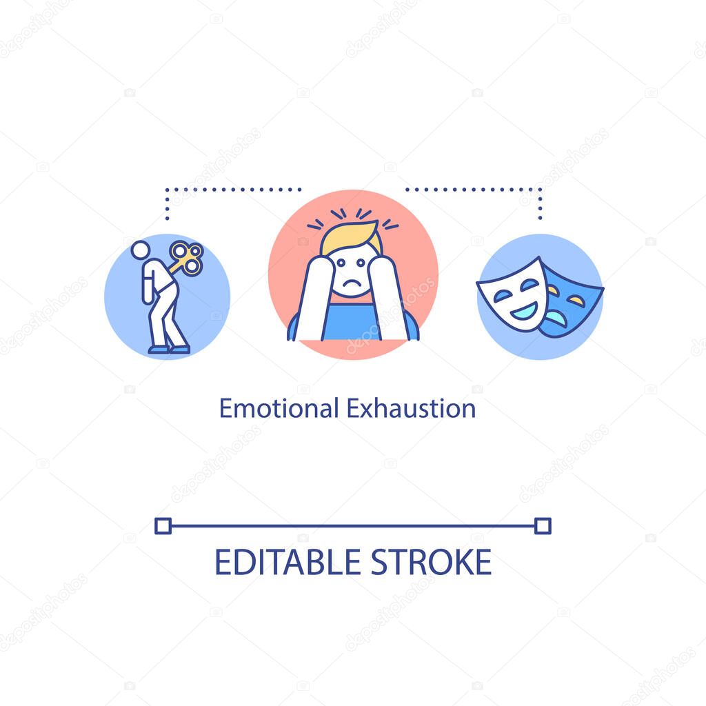 Emotional exhaustion concept icon. Burnout idea thin line illustration. Feeling drained. Depression, fatigue. Stress, anxiety. Vector isolated outline RGB color drawing. Editable stroke