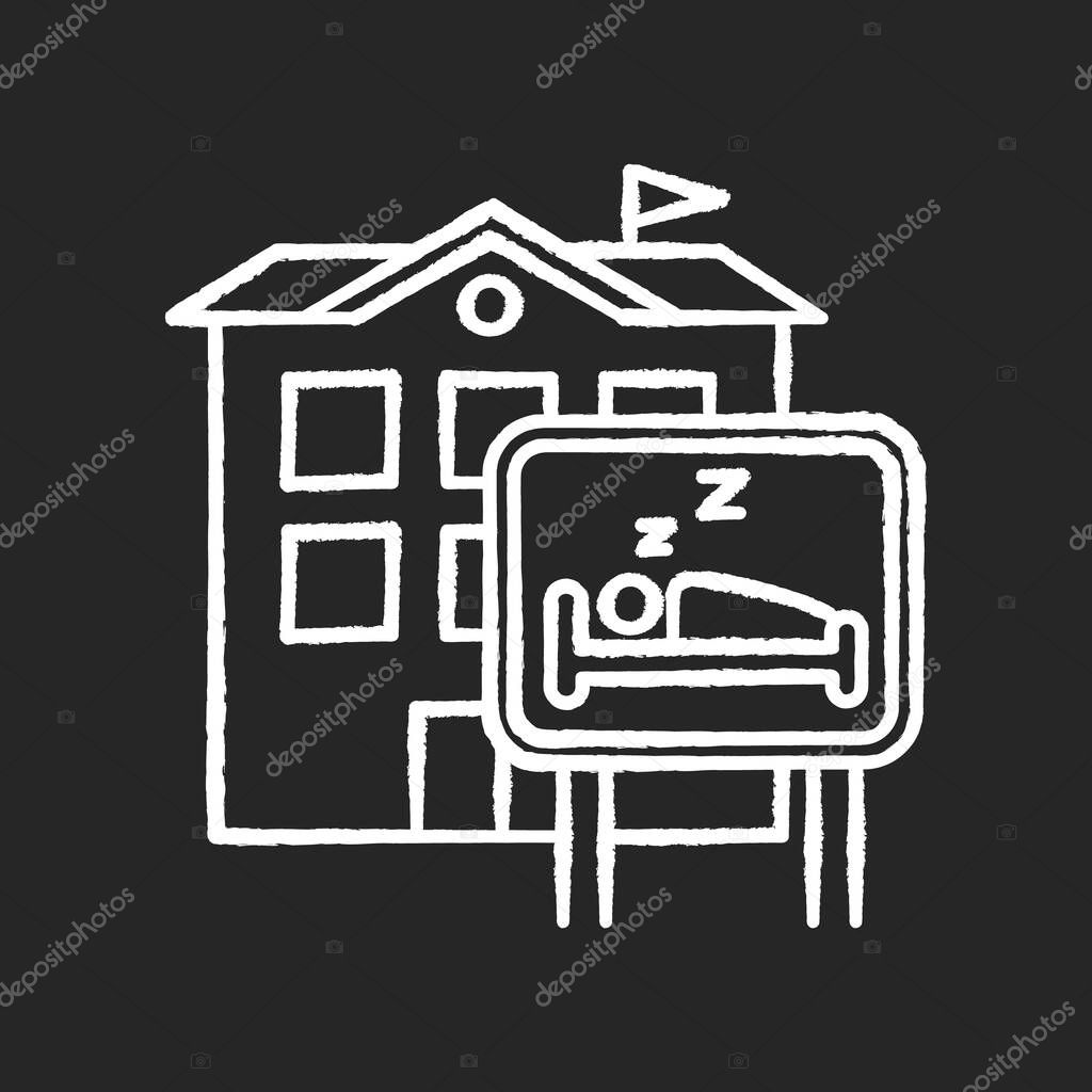 Hotel chalk white icon on black background. Hostel. Motel building. Sleeping accommodation services. Travelling facilities. Residential area. Apartment block. Isolated vector chalkboard illustration
