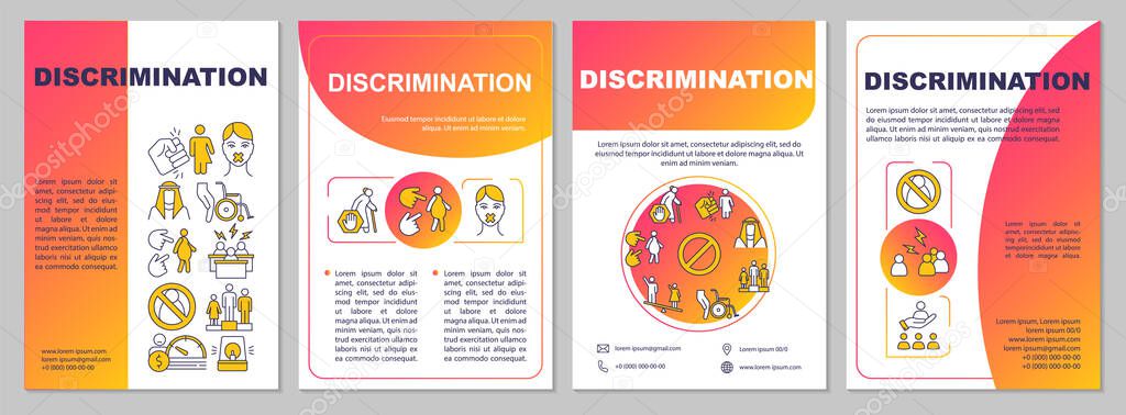 Gender discrimination brochure template. Hatred of women. Flyer, booklet, leaflet print, cover design with linear icons. Vector layouts for magazines, annual reports, advertising posters